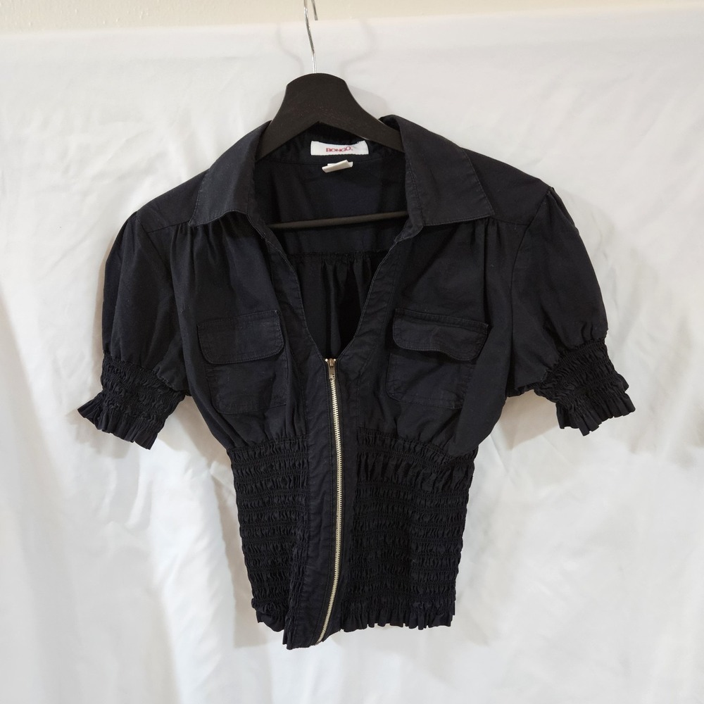 BONGO Vintage Y2K Black Zip-Up Short Sleeve Top - Smocked Waist & Cuffs...